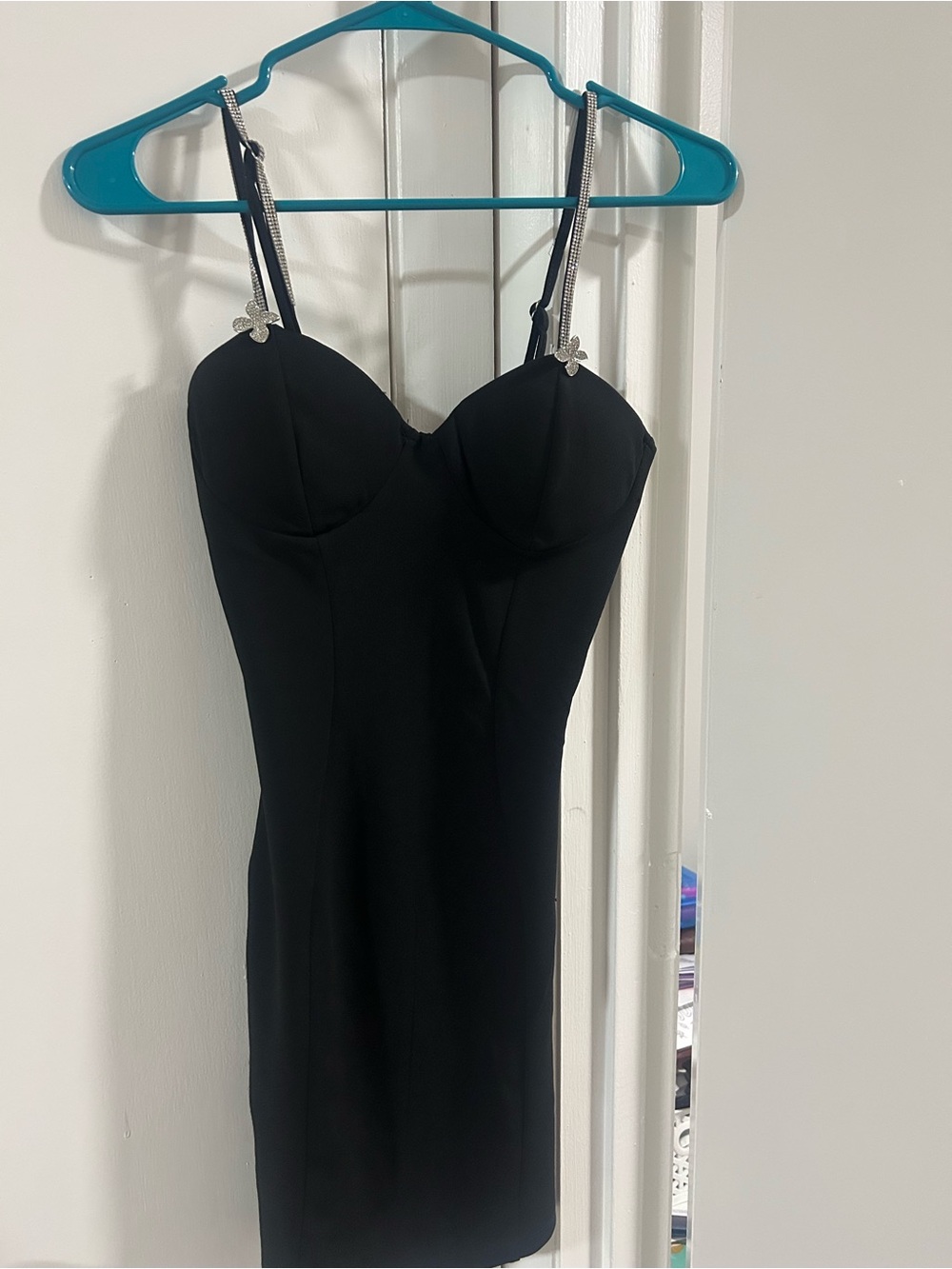 Black Bodycon Bustier Dress with Rhinestone Strap Accents